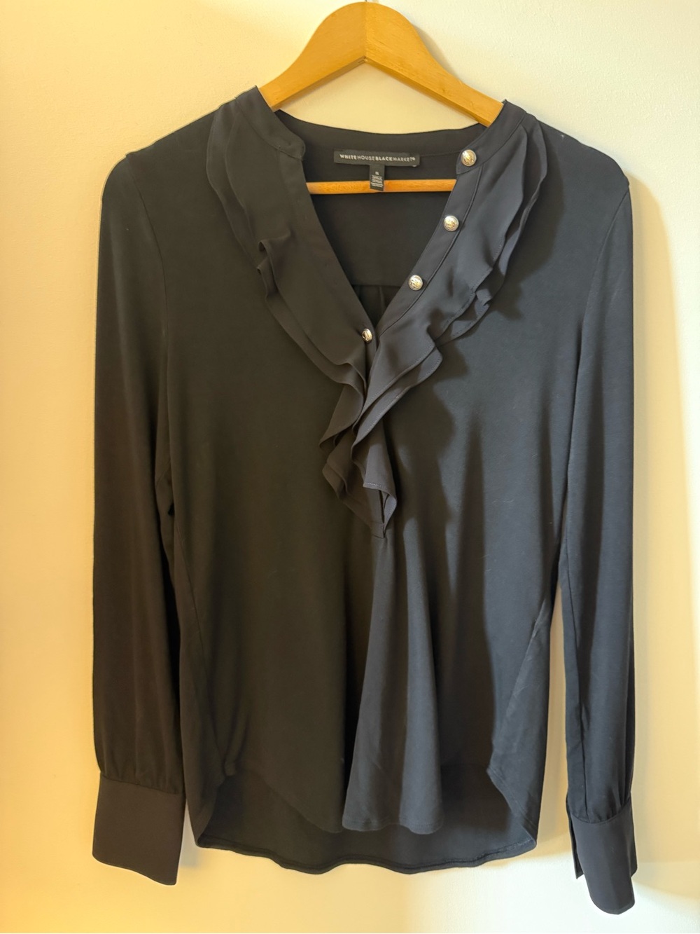 White House Black Market Black Ruffle V-Neck Button Blouse